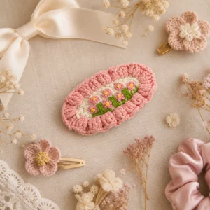 barrette crochet fleurie rosée – collection flora