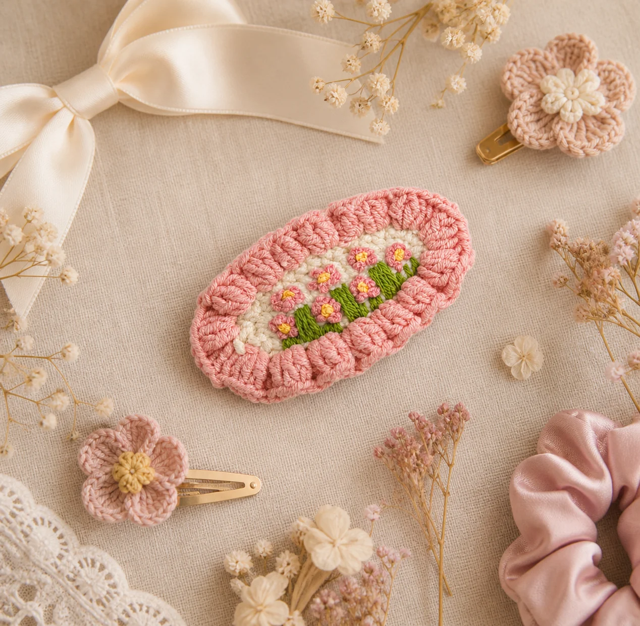 barrette crochet fleurie rosée – collection flora barrette crochet fleurie rosée – collection flora